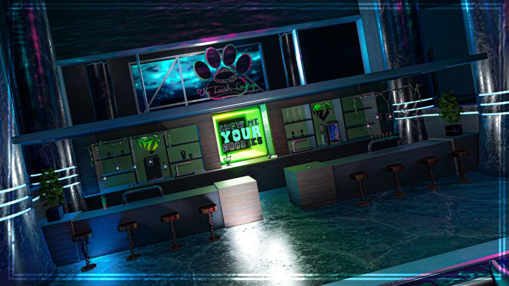 A bar catered to cannabis, littered with various trinkets and plants.