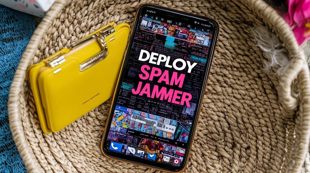 Image of a phone displaying text "DEPLOY SPAM JAMMER"