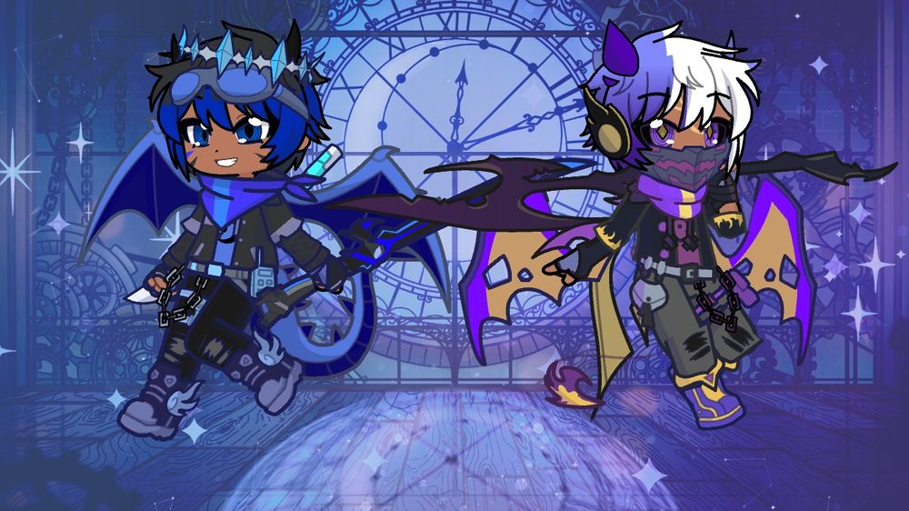 My Gacha avatar, featuring myself (on the left) and my demonic brother in arms, Solice (on the right)