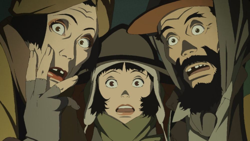 the main characters of "tokyo godfathers" (2003), homeless people who discover a baby - hana, an older trans woman, miyuki the teen runaway, and gin the wino. all are shocked huddling together looking at camera