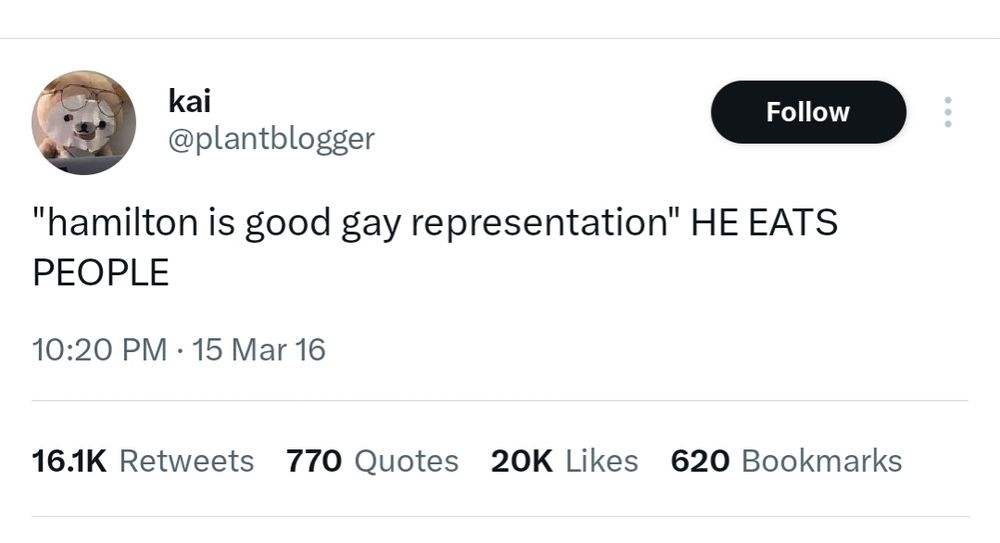 A tweet that reads "'Hamilton is good gay representation' HE EATS PEOPLE"