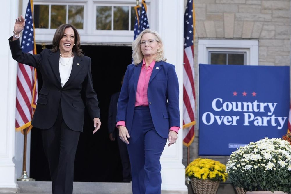 kamala harris and liz fucking cheney appearing on stage together with a sign that says "country over party" which could read differently nowadays