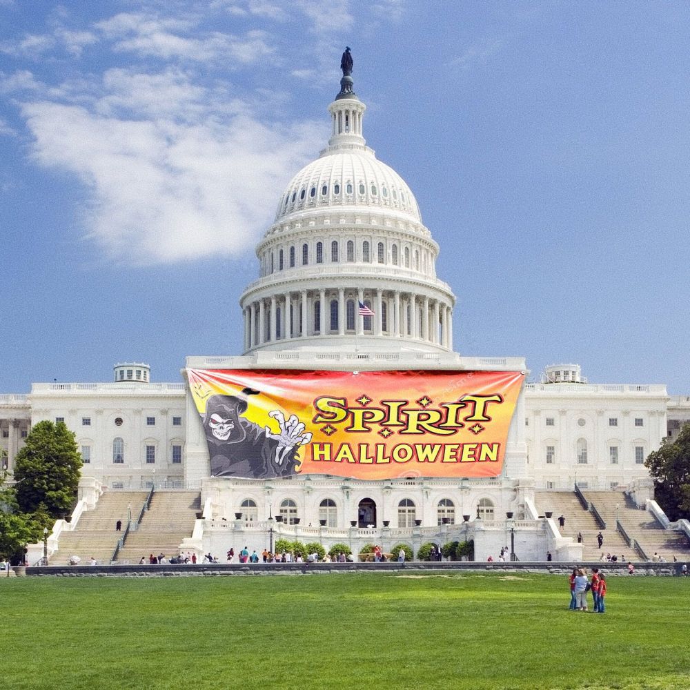 slightly different picture of the building with a spirit halloween banner added to it