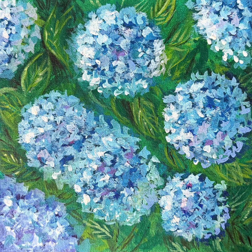 A rough sketch of blue hydrangeas. Gouache on board 