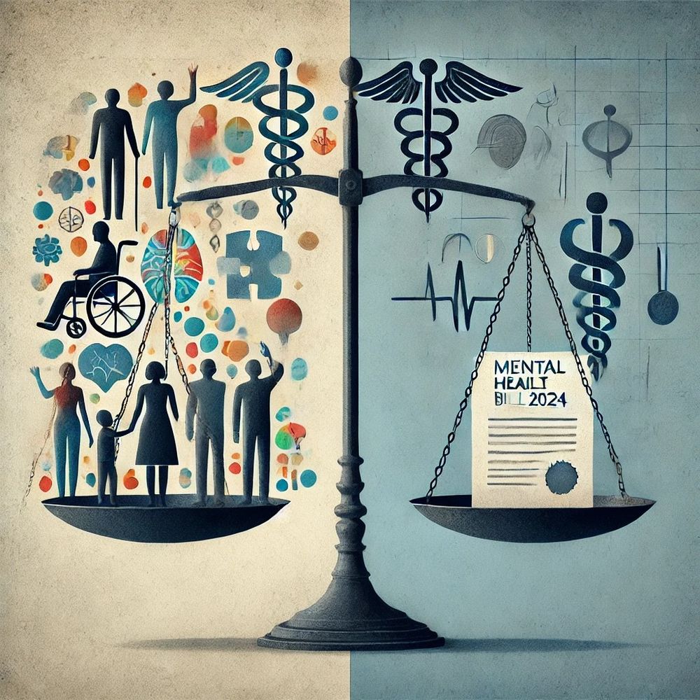 The picture is a graphic showing scales as a symbol of justice with the Mental Health Bill 2024 in one pan and people in the other.  