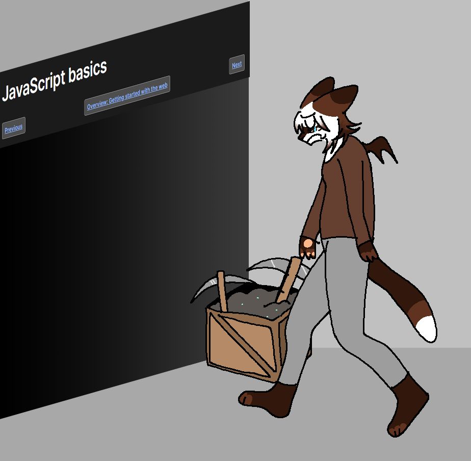 An MS Paint redraw of a crying anthro cat walking into a mine titled "Javascript basics". The pose is referenced from the virgin vs chad meme.
