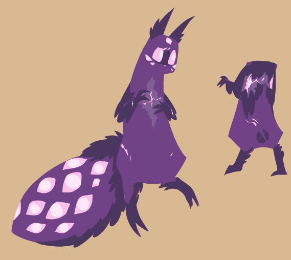 This is the same image as the previous, however without the facial wings, exposing Spearmaster's pink eyes, surrounded in five eye-like markings, in a more similar shape to the eyes on their tail.