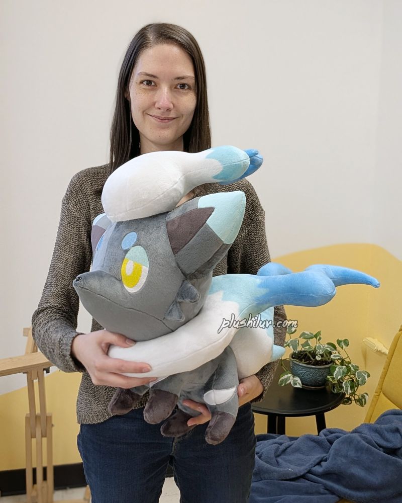 photo of a person (me!) holding the shiny Hisuian Zorua plush for scale. 