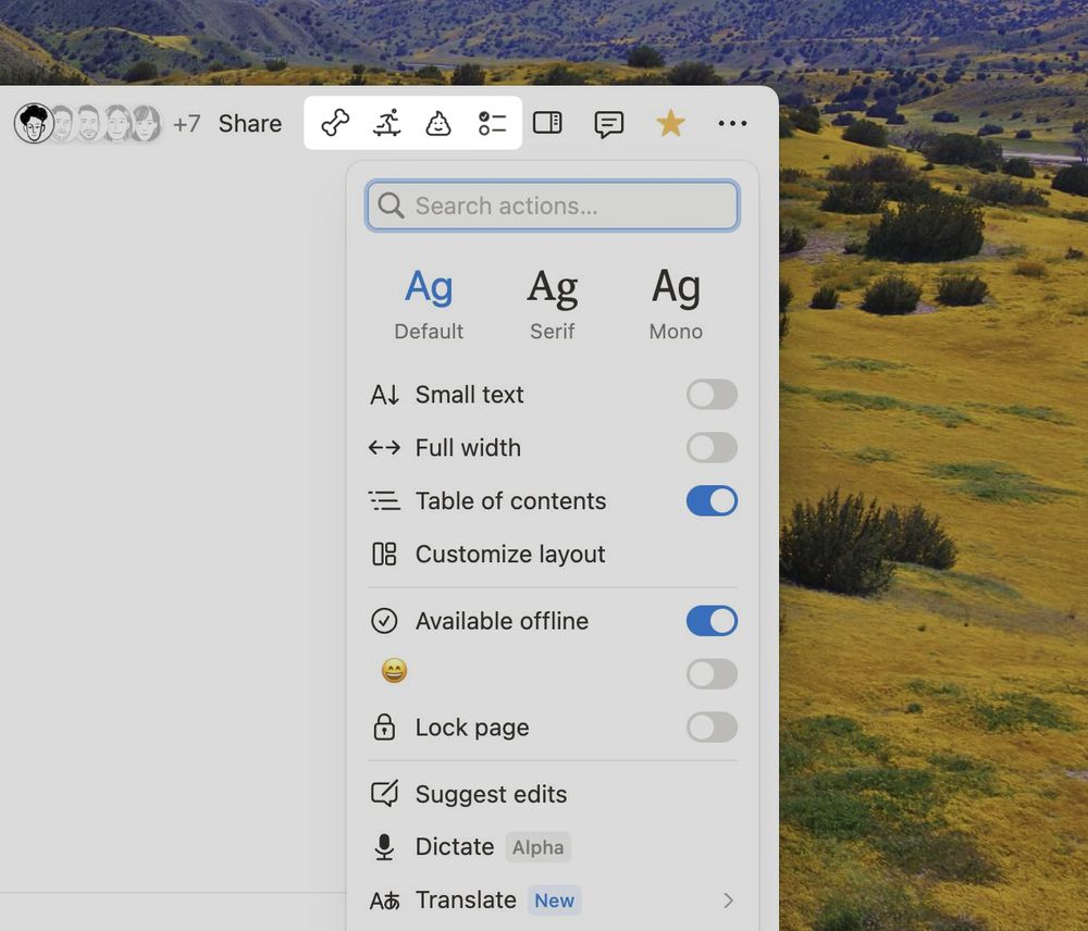 An image of the Notion desktop app, showing a new 'Available offline' toggle and some new icons in the top toolbar.