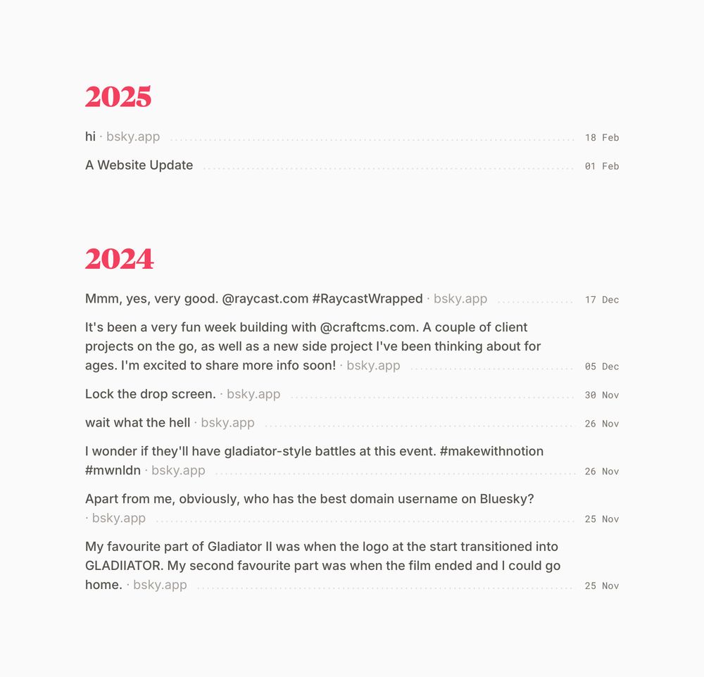 A screenshot of the Posts section of bensomething.com, with entries from the years 2025 and 2024.