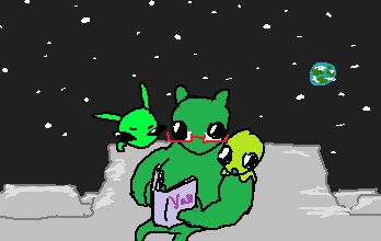 blug and flug reading a book with glug, the book says "yay"