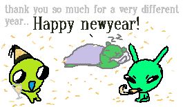 "Thank you so much for a very different year.. Happy new year!" flug and blug celebrating the new year, flug wears a little party hat and holds a glass of sparkling apple juice, blug blows a noise maker whilst having their typical angry face. glug has decided to not stay up and partake in festivities 