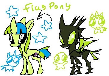 Flug as a MLP:FIM pony, one is a unicorn with green and blue striped mane. the other is a Changeling with a jagged and pointy body. the text above says "flug pony"