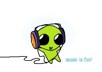 "music is fun!" flug with headphones on, listening to what i'd assume is music