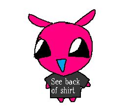 Milly wearing a shirt that says "see back of shirt"
