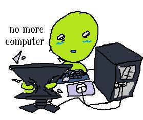"no more computer" flug crushes their computer monitor with their bare hand, the tower is next