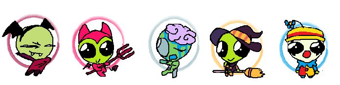 Flug in various costumes, Vampire, Little devil, Zombie, Witch, Clown