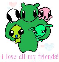 "I love all my friends!" Glug holding up all their friends, including.. Flug, Blug,The Pink one, and Week