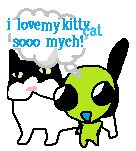 Flug thinking "I love my kitty cat sooo much!" next to them is said kitty cat