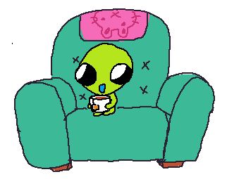 flug sitting on a big chair, they're holding a cup of tea and look pretty happy about it