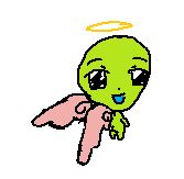 flug with a halo on top of their head paired with pink angel wings, they have funny-looking expression on their face