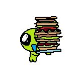 Flug, a lime green alien, holding a very stacked sandwich with probably food in it