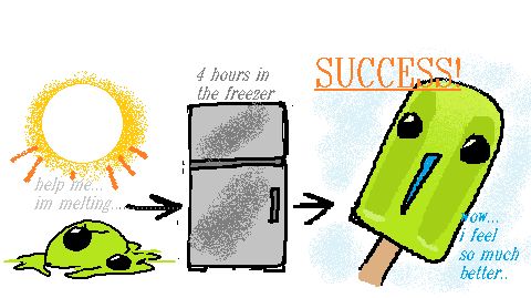 flug melting by the evils of the sun "Help me.. I'm melting", an arrow point to a fridge that flug is suspected to be in "4 hours into the freezer" another arrow is pointed to a Popsicle flug, "SUCCESS!" flug is clearly happy about this "wow.. i feel so much better.." 
