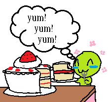 flug eating a big slice of strawberry shortcake, they are thinking with a big thought bubble "YUM! YUM! YUM!"