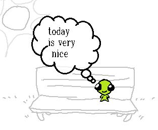 flug sitting on a bench in the grass on a sunny day, they are thinking "today is very nice"