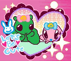 The Pink One and Glug wearing bows for a purikura like photo, the text says "Let's be cute".