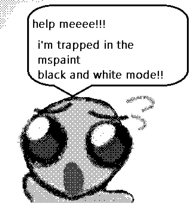 "Help me! i'm trapped in mspaint black and white mode!!" flug says, with a scared expression on their face