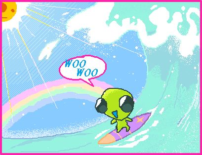 flug in the beautiful ideal surfing scenario with their purple surf board, since they are having so much fun they shout "woo woo" 