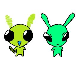 flug and blug standing next to eachother, flug having crayon drawn antennae behind them to match blugs antennae