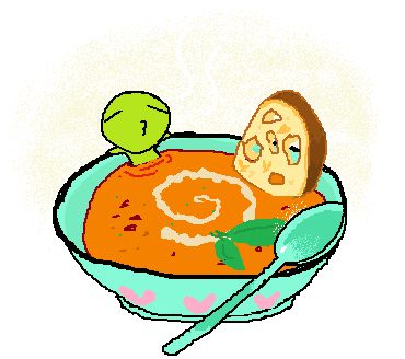 Flug sitting in a green bowl of tomato soup, very yummy! 