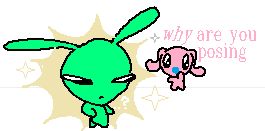 Blug doing a fashionable pose, The Pink One asks "WHY are you posing"