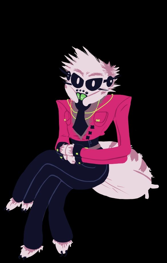 A pink anthropomorphic spider in a pink suit sitting with his four legs crossed and his other for legs on his lap. 