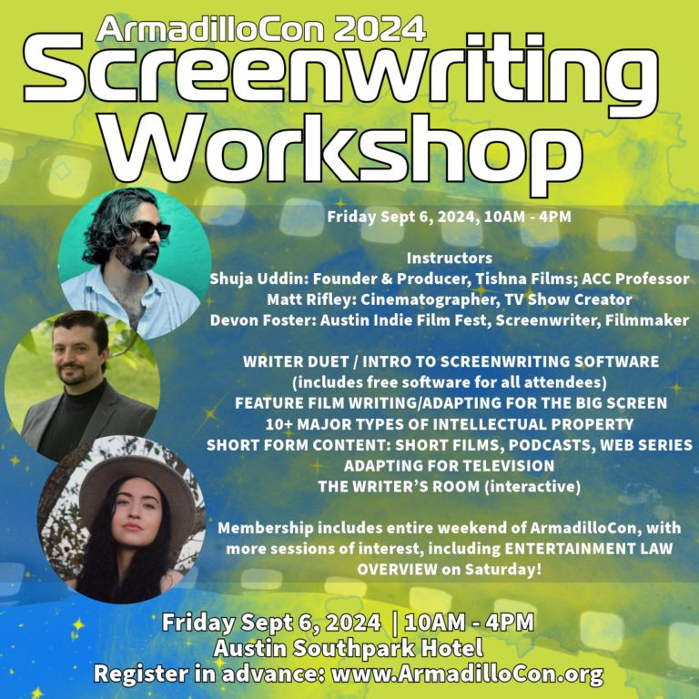 Armadillocon 46 Screenwriting Workshop promotional poster.