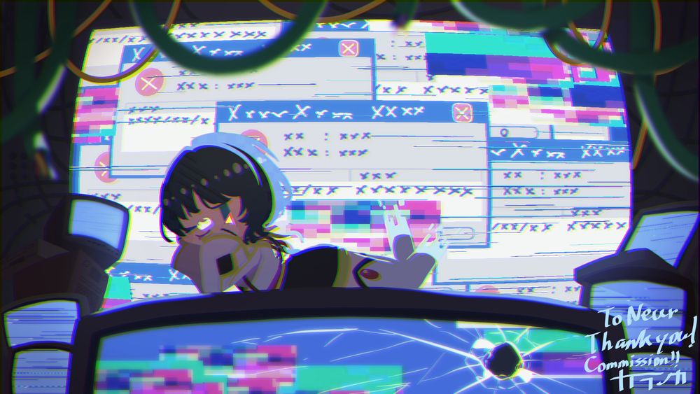 Chibi art of Neur lounging on top of a broken monitor. Behind her is a screen with a bunch of error windows open on it. There are wires and static monitors all around.