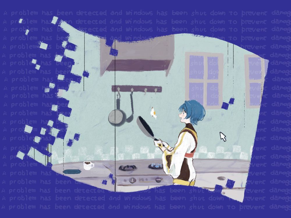 The same art as before, but the background is now blue with error messages all over.