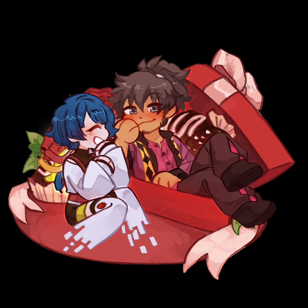 Neur sitting next to Raven from Tales of Vesperia. He is lounging in a red gift box with chocolates in it