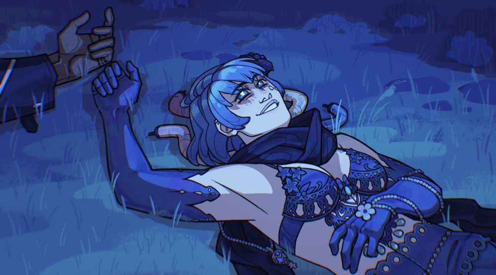 Neur dressed as Two from Drakengard 3 lying in grass. It it night. Her hand is laying next to Cent's hand, who is offscreen.