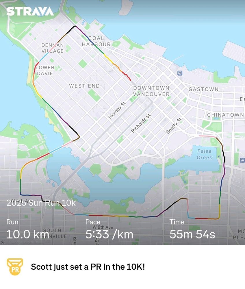 Map of Vancouver with Strava running stats and a route marked by a pride rainbow line. 10km. Pace of 5:33/km. Time 55 minutes 54 seconds. I set a PR in the 10k. 