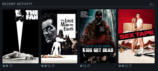 Movie Posters for - The Fan (1981), The Last Man on Earth, Kids Go to The Woods Kids Get Dead, and Sex Tape