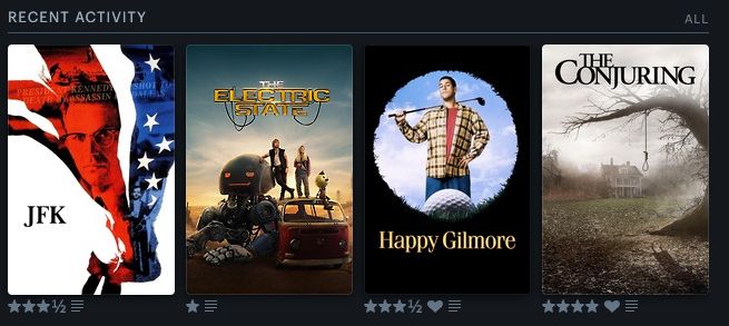 Movie posters for JFK, The Electric State, Happy Gilmore, The Conjuring