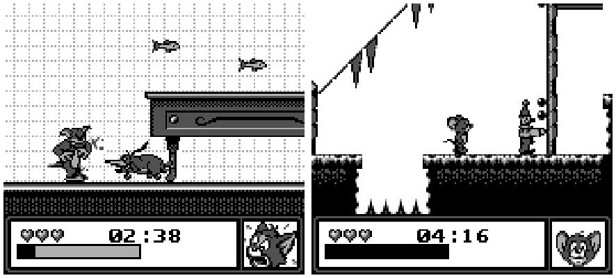 Tom & Jerry Frantic Antics sur Game Boy.

Il y a deux captures, l'une à gauche d'un niveau où l'on joue Tom, l'autre à droite d'un niveau où l'on joue Jerry.