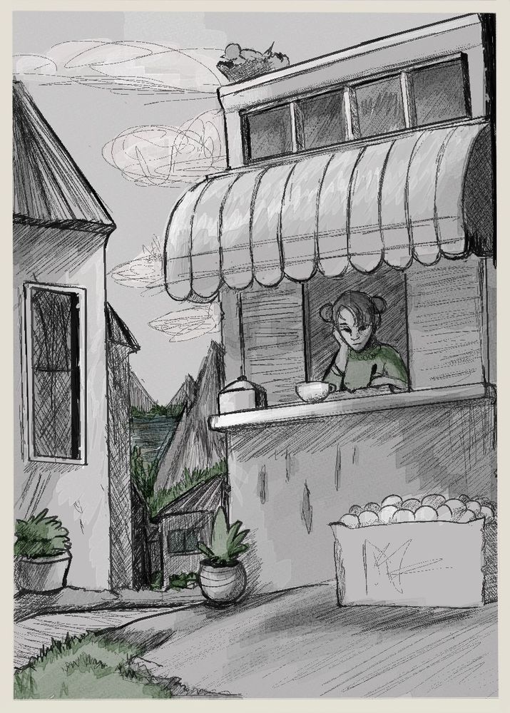 A sketch of a woman reading and drinking coffee in a small store, there’s houses and mountains on the background 
