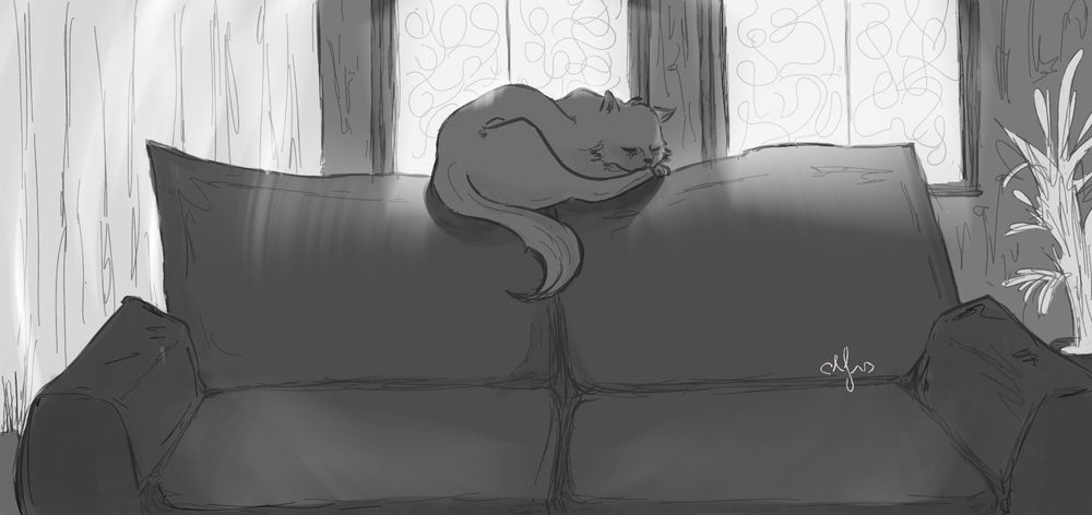 Uma ilustração digital de um gato dormindo em cima do sofá (parte cima dele) atrás tem janelas que deixam a luz entrar, do lado esquerdo uma cortina leve e do lado direito uma planta