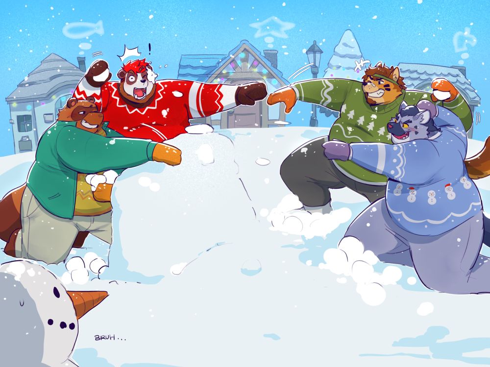 Dexter and Tom Nook(left side) having a snowball fight with Wonder and Choco(right side)