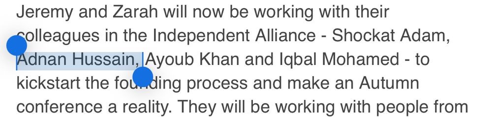 Jeremy and Zarah will now be working with their colleagues in the Independent Alliance - Shockat Adam, Adnan Hussain, Ayoub Khan and Iqbal Mohamed - to kickstart the founding process and make an Autumn conference a reality. They will be working with people from
