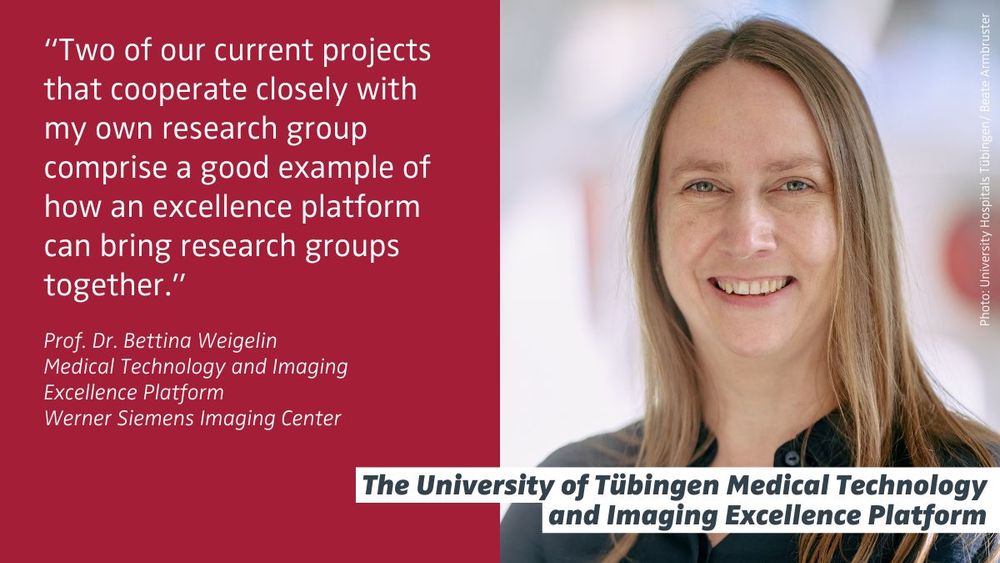On the left is a text with a quote from Prof. Bettina Weigelin from the Medical Technology Excellence Platform: "Two of our current projects that cooperate closely with my own research group comprise a good example of how an excellence platform can bring research groups together." On the right is a portrait photo of Bettina Weigelin. 